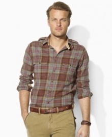 Ideal as a layering piece or perfectly rugged on its own, this trim-fitting military shirt is rendered from supremely soft flannel in a classic plaid print.