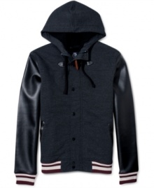 A bold style statement. Stand out under the hood of this varsity-inspired jacket by American Rag. A bold style statement. Stand out under the hood of this varsity-inspired jacket by American Rag.