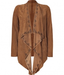 With its dramatic drape and luxe laser-cut brown lamb suede, Seven for all Mankinds open jacket is a sartorial choice for dressing up trend-conscious looks - Collarless, draped open front, long sleeves, laser-cut front trim, front patch pockets - Fitted - Wear with tissue-soft tops and sleek skinnies With its dramatic drape and luxe laser-cut brown lamb suede, Seven for all Mankinds open jacket is a sartorial choice for dressing up trend-conscious looks - Collarless, draped open front, long sleeves, laser-cut front trim, front patch pockets - Fitted - Wear with tissue-soft tops and sleek skinnies
