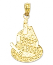 A perfectly personalized birthday gift! This sweet charm features a slice of birthday cake with a candle and the words, Happy Birthday, inscribed across the front. Crafted in 14k gold. Chain not included. Approximate length: 1 inch. Approximate width: 3/5 inch.