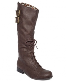 Tall and strong. American Rag's Saddle boots lace-up midway and feature buckle detailing around the calf. Tall and strong. American Rag's Saddle boots lace-up midway and feature buckle detailing around the calf.