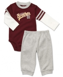 On deck! Little brother will be ready to go to bat in this sporty bodysuit and pant set from Carter's. On deck! Little brother will be ready to go to bat in this sporty bodysuit and pant set from Carter's.