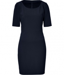 Streamline your look with a sophisticated finish in Hugos dark blue stretch wool dress, perfect for starting off the work week in sharp style - Scooped neckline, elbow-length sleeves, hidden back zip, tailored fit - Pair with flawless pumps and a carryall tote