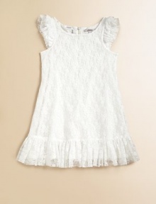 She'll be the belle of the ball in this glamorous frock with a stunning lace overlay and beautiful ruffled hem.Round necklineShort flutter sleevesBack zipperA-lineRuffled hemFully linedPolyamideDry cleanImported She'll be the belle of the ball in this glamorous frock with a stunning lace overlay and beautiful ruffled hem.Round necklineShort flutter sleevesBack zipperA-lineRuffled hemFully linedPolyamideDry cleanImported