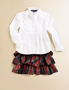 Traditional tartan plaid is crafted into a flirty tiered skirt accented with a flurry of ruffles for a fun, stylish touch.Elastic waistbandTiered ruffle constructionPolyesterDry cleanImported Traditional tartan plaid is crafted into a flirty tiered skirt accented with a flurry of ruffles for a fun, stylish touch.Elastic waistbandTiered ruffle constructionPolyesterDry cleanImported