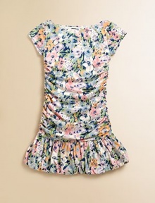 A stylish floral print adorns this ruched dress for a girlie look.Wide boatneck collarSewn short sleevesRuched bodiceRuffled hem60% cotton/40% polyesterMachine washImported A stylish floral print adorns this ruched dress for a girlie look.Wide boatneck collarSewn short sleevesRuched bodiceRuffled hem60% cotton/40% polyesterMachine washImported