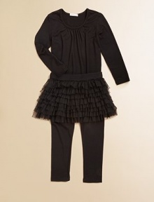 The ballerina tutu your little girl dreams of, translated into a delightful tunic over easy leggings.U neckline with soft gatheringWide waistbandLong sleevesTiered skirt with layers of ruffled tullePull-on elastic waist leggings95% rayon/5% spandexHand washMade in USA The ballerina tutu your little girl dreams of, translated into a delightful tunic over easy leggings.U neckline with soft gatheringWide waistbandLong sleevesTiered skirt with layers of ruffled tullePull-on elastic waist leggings95% rayon/5% spandexHand washMade in USA