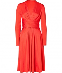 Vibrant dress in fine tomato-red silk - From hot British label, Issa - Uncommonly soft, caressing quality of a narrow-waisted silhouette - Features elegant wrap-draping and bow at back - Sexy, deep v-neckline - Long sleeved with slightly-flared skirt falling above the knee - Versatile enough for the office, happy hour, and a formal dinner - Wear with peep toe heels or sandals Vibrant dress in fine tomato-red silk - From hot British label, Issa - Uncommonly soft, caressing quality of a narrow-waisted silhouette - Features elegant wrap-draping and bow at back - Sexy, deep v-neckline - Long sleeved with slightly-flared skirt falling above the knee - Versatile enough for the office, happy hour, and a formal dinner - Wear with peep toe heels or sandals