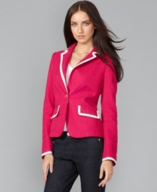 Add a pop of color to chilly days with this Tommy Hilfiger blazer. Contrasting trim and allover slubbed cotton channel couture suiting for a chic look.