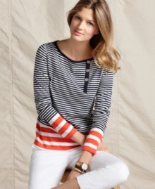 This nautical-inspired top from Tommy Hilfiger will surely float your boat! Breezy stripes in an easy silhouette lend sporting style to your look.