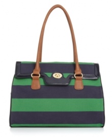 Make a statement this season with a bold striped bag. This preppy design from Tommy Hilfiger features a classic turnlock flap, shiny goldtone hardware and sleek contrast patent piping. Make a statement this season with a bold striped bag. This preppy design from Tommy Hilfiger features a classic turnlock flap, shiny goldtone hardware and sleek contrast patent piping.