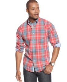 Relax your look with the casual cool of this classic plaid shirt from Tommy Hilfiger. Relax your look with the casual cool of this classic plaid shirt from Tommy Hilfiger.
