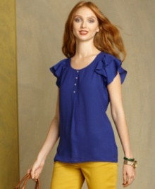 Tommy Hilfiger's flutter-sleeve top is made from a cotton and linen blend for a super-soft look and feel. The vibrant color instantly energizes any ensemble, too!