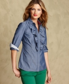 Tommy Hilfiger's chambray shirt is both laid-back and feminine in versatile chambray denim with an oversized ruffle at the neckline.