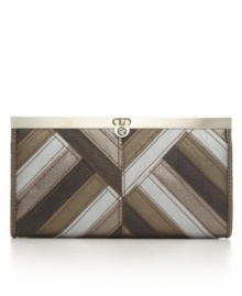 With a glazed, striped design in trendy metallic hues, this accordion frame wallet is smart inside and out. With a glazed, striped design in trendy metallic hues, this accordion frame wallet is smart inside and out.