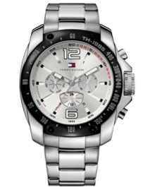 A sporty black bezel adds a modern look to this classic steel watch from Tommy Hilfiger. A sporty black bezel adds a modern look to this classic steel watch from Tommy Hilfiger.