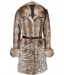 Prowl the urban jungle in ultra luxe style in Philosophy di Alberta Ferrettis exquisitely styled animal print fur coat, complete with dramatic trim for maximum impact - V-neckline, long sleeves, contrast fur collar and cuffs, belted waistline - Tailored fit - Pair with tailored sheaths and jet black accessories