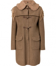 Exquisitely detailed with a medley of luxurious textures, Ermanno Scervinos fringed wool coat is an ultra cool take on contemporary outerwear - Textural knit peter pan collar, long sleeves, contrast brown and gold-toned toggle closures, hidden front snaps, tonal fade yolk trim, flapped front pockets - Slim straight silhouette, tailored at the waist with an internal snapped elasticized belt - Team with favorite skinnies and flawless brown boots