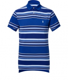 Detailed in ultra soft cotton pique, this striped polo is the epitome of the timeless classic Ralph Lauren look - Small royal collar, button placket, short sleeves, royal trim, embroidered polo player at chest, slit sides, high-low hemline - Classic cut - Wear with everything from jeans and sneakers to colored cords and loafers