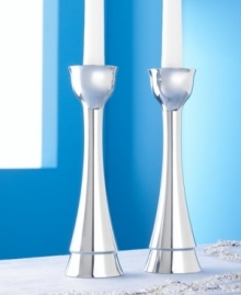 Kindle the traditional Sabbath lights with these stunningly modern candlesticks. A design of soaring curves combines with a polished stainless steel surface for minimalist elegance.