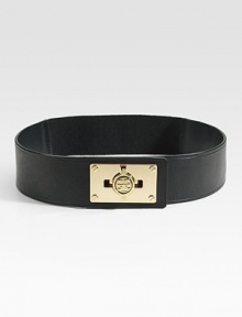 A wide, leather design with an elastic back and chic metal turn-lock closure. Width, about 2Made in USA A wide, leather design with an elastic back and chic metal turn-lock closure. Width, about 2Made in USA