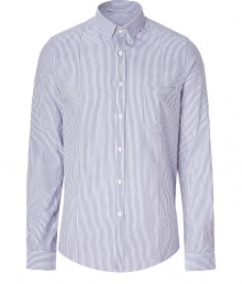 Bring classic style to your workweek staples with this luxe button down from Golden Goose - Small spread collar, front button placket, single chest pocket, slim fit, all-over stripe print - Style with jeans or trousers, a blazer, and ankle boots Bring classic style to your workweek staples with this luxe button down from Golden Goose - Small spread collar, front button placket, single chest pocket, slim fit, all-over stripe print - Style with jeans or trousers, a blazer, and ankle boots