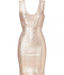 Uplift your cocktail look with this bold metallic take on the classic bandage dress by Herv? L?ger -Scoop neck and back, sleeveless, all-over multi-print detail, ultra-fitted silhouette, concealed back zip closure - Pair with sky-high platform pumps and a studded clutch