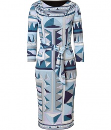 Take an iconic stance on sophistication this season in Emilio Puccis tonal blue characteristic print stretch dress - Boat-neckline, 3/4 sleeves, self-tie sash, form-fitting - Pair with a snakeskin clutch and pointy-toe pumps Take an iconic stance on sophistication this season in Emilio Puccis tonal blue characteristic print stretch dress - Boat-neckline, 3/4 sleeves, self-tie sash, form-fitting - Pair with a snakeskin clutch and pointy-toe pumps