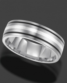Dashing in design, this Triton ring features a stylish striped design and comfortable fit. Crafted in titanium with white and black resin inlay. Approximate band width: 7 mm. Sizes 8-15. Dashing in design, this Triton ring features a stylish striped design and comfortable fit. Crafted in titanium with white and black resin inlay. Approximate band width: 7 mm. Sizes 8-15.