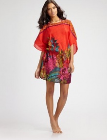 A design featuring bursts of vivid color awakening the senses and making this an invigorating look.BoatneckKimono sleevesElasticized waistPull-on style70% cotton/30% silkHand washImported A design featuring bursts of vivid color awakening the senses and making this an invigorating look.BoatneckKimono sleevesElasticized waistPull-on style70% cotton/30% silkHand washImported