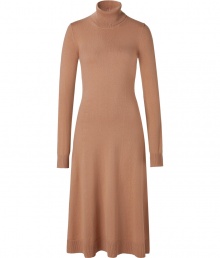 Luxurious dress in fine cashmere stretch - In a beautiful new fall shade of brown - Simple, yet mega elegant cut, with a feminine waist - Turtleneck, tight sleeves and about knee length, slightly flared skirt - Classy understated chic, a dream for the office and exclusive leisure occasions - Wear with boots or pumps