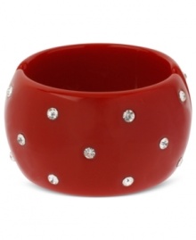 Look cool in crimson. This hinged bangle bracelet from Haskell is crafted from gold-tone mixed metal with beaded accents adding a lustrous touch. Approximate length: 8 inches. Approximate diameter: 2-3/8 inches. Look cool in crimson. This hinged bangle bracelet from Haskell is crafted from gold-tone mixed metal with beaded accents adding a lustrous touch. Approximate length: 8 inches. Approximate diameter: 2-3/8 inches.