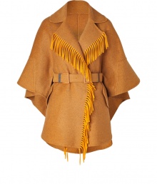 Exquisitely detailed with a finish of radiant textural fringe, Ermanno Scervinos wool twill cape is an ultra luxe take on contemporary outerwear - Notched lapel, draped 3/4 sleeves, hidden snapped front, flap pockets, buttoned sides, woven belted waistline - Draped silhouette, tailored at the waist with a matching double buckle leather-lined belt - Team with favorite skinnies and flawless boots Exquisitely detailed with a finish of radiant textural fringe, Ermanno Scervinos wool twill cape is an ultra luxe take on contemporary outerwear - Notched lapel, draped 3/4 sleeves, hidden snapped front, flap pockets, buttoned sides, woven belted waistline - Draped silhouette, tailored at the waist with a matching double buckle leather-lined belt - Team with favorite skinnies and flawless boots