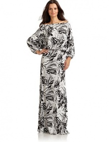 THE LOOKAbstract tropical leaf patternBateau necklineThree-quarter length dolman sleeves with elastic cuffsBlouson bodiceMaxi lengthTHE FITAbout 60 from shoulder to hemTHE MATERIALModal/spandexCARE & ORIGINDry cleanMade in USAModel shown is 5'9½ (176cm) wearing US size Small. 