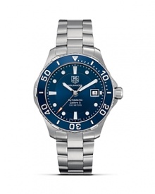 The Aquaracer series features professional diving watches with TAG Heuer's Six Features: Screw in crown, unidirectional rotating bezel, sapphire crystal, double security clasp, 300M water resistance and luminescent hands and markers. This model features a Calibre 5 automatic movement and a striking blue dial and bezel.