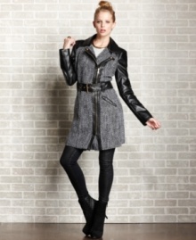 Shield yourself from the cold with this knockout coat from Baby Phat! Tweed and faux leather sleeves will keep you warm, while a sleek belt and an exposed front zipper will keep you stylin'!