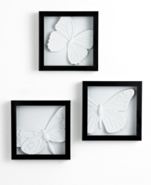 Three white butterflies are caught and presented in black shadowboxes in this fresh decorating idea for contemporary spaces. From Umbra.