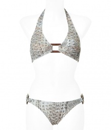 Stylish bikini made ..of fine, gray synthetic stretch fiber - Sexy, glamorous and sophisticated with classy crocodile print - Fashionable triangle-shape top features wide straps that tie at neck and back - Elegant bra and classic brief with decorative jewelry clasps - Essential piece for holiday wardrobe - Wear alone or under a caftan, with platform sandals Stylish bikini made ..of fine, gray synthetic stretch fiber - Sexy, glamorous and sophisticated with classy crocodile print - Fashionable triangle-shape top features wide straps that tie at neck and back - Elegant bra and classic brief with decorative jewelry clasps - Essential piece for holiday wardrobe - Wear alone or under a caftan, with platform sandals