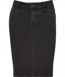 The pencil skirt gets a downtown kick with this tough-meets-chic denim iteration from Closed - Classic jean styling, front slant pockets, logo detail at fly, slim fit, back slit - Pair with a silk blouse, a draped front leather jacket, and platform pumps The pencil skirt gets a downtown kick with this tough-meets-chic denim iteration from Closed - Classic jean styling, front slant pockets, logo detail at fly, slim fit, back slit - Pair with a silk blouse, a draped front leather jacket, and platform pumps