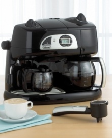 Whatever your preference, make your mornings brighter with a cup of steaming hot coffee or espresso. Can't make up your mind? This all-in-one machine is even capable of brewing both at the same time! Schedule your morning brew with the programmable digital timer and use the brew-pause features to pour a cup mid-drip. A warming plate keeps everything warm until you get there. One-year warranty. Whatever your preference, make your mornings brighter with a cup of steaming hot coffee or espresso. Can't make up your mind? This all-in-one machine is even capable of brewing both at the same time! Schedule your morning brew with the programmable digital timer and use the brew-pause features to pour a cup mid-drip. A warming plate keeps everything warm until you get there. One-year warranty.