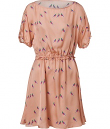 Ultra feminine yet quirky-cool, this Marc by Marc Jacobs dress is sweet and super flattering - Bateau neck, short sleeves with ruffle trim, ruffle detailed waistband, flowing silhouette, all-over bird print - Wear with peep-toe pumps and a Kelly-style bag