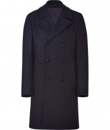Stay warm while keeping your style sense with this long, lux coat in a dark blue wool blend - Classic with a modern spin, it features a slim silhouette that is pleasantly long - Double row of buttons and decorative pockets, traditional collar and long, moderately-wide sleeves - Adjusts to all outfits -- try with jeans and a cashmere pullover, or with a suit - Lifetime piece of high quality and timeless style Stay warm while keeping your style sense with this long, lux coat in a dark blue wool blend - Classic with a modern spin, it features a slim silhouette that is pleasantly long - Double row of buttons and decorative pockets, traditional collar and long, moderately-wide sleeves - Adjusts to all outfits -- try with jeans and a cashmere pullover, or with a suit - Lifetime piece of high quality and timeless style