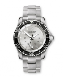 Handsome, brushed steel and black accents affirm your attention-commanding nature. Victorinox Swiss Army watch crafted of stainless steel bracelet and round case. Black unidirectional rotating bezel with count-up scale in white holds anti-reflective sapphire crystal. Brushed silvertone dial features white numerals at markers, date window at six o'clock, luminous hour and minute hands, black second hand and logo at twelve o'clock. Swiss quartz movement. Water resistant to 100 meters. Three-year limited warranty. Handsome, brushed steel and black accents affirm your attention-commanding nature. Victorinox Swiss Army watch crafted of stainless steel bracelet and round case. Black unidirectional rotating bezel with count-up scale in white holds anti-reflective sapphire crystal. Brushed silvertone dial features white numerals at markers, date window at six o'clock, luminous hour and minute hands, black second hand and logo at twelve o'clock. Swiss quartz movement. Water resistant to 100 meters. Three-year limited warranty.