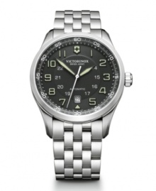 Always prepared, come rain or shine. Airboss watch by Victorinox Swiss Army crafted of stainless steel bracelet and round case with anti-reflective sapphire crystal. Black dial features luminous applied numerals, minute track, military time, date window at six o'clock, luminous hands and logo. Swiss automatic movement. Water resistant to 100 meters. Three-year limited warranty. Always prepared, come rain or shine. Airboss watch by Victorinox Swiss Army crafted of stainless steel bracelet and round case with anti-reflective sapphire crystal. Black dial features luminous applied numerals, minute track, military time, date window at six o'clock, luminous hands and logo. Swiss automatic movement. Water resistant to 100 meters. Three-year limited warranty.