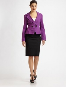 An impeccably tailored double-breasted blazer, cropped and nipped at the waist for a feminine fit.Notch collarDouble-breasted button frontWide waistbandPrincess seamsInverted pleats at hipsTie-back beltBack inverted pleatsAbout 21 from shoulder to hem75% cotton/23% viscose/2% elastaneDry cleanMade in USA of Italian fabricModel shown is 5'10 (177cm) wearing US size 4. An impeccably tailored double-breasted blazer, cropped and nipped at the waist for a feminine fit.Notch collarDouble-breasted button frontWide waistbandPrincess seamsInverted pleats at hipsTie-back beltBack inverted pleatsAbout 21 from shoulder to hem75% cotton/23% viscose/2% elastaneDry cleanMade in USA of Italian fabricModel shown is 5'10 (177cm) wearing US size 4.