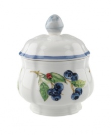 The Cottage Inn covered sugar bowl is the perfect way to liven up afternoon tea or coffee. Lush, dancing clusters of ripened blueberries, raspberries and cherries are a stunning contrast on creamy white porcelain and lend every meal a touch of traditional elegance. The Cottage Inn covered sugar bowl is the perfect way to liven up afternoon tea or coffee. Lush, dancing clusters of ripened blueberries, raspberries and cherries are a stunning contrast on creamy white porcelain and lend every meal a touch of traditional elegance.