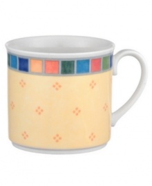 The Twist Alea breakfast cup makes every morning bright. Features an enamel colorblock pattern reminiscent of Spanish tile and a vivid band of color along the rim. The Twist Alea breakfast cup makes every morning bright. Features an enamel colorblock pattern reminiscent of Spanish tile and a vivid band of color along the rim.