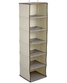Put your sweaters in their place! With six shelves, this natural tweed storage solution cleans up your closet and makes organization a quick & easy process. The attractive natural tweed with darker brown trim is the perfect accent for your space and the simple design puts all of your accessories & sweaters on display. 1-year warranty. Put your sweaters in their place! With six shelves, this natural tweed storage solution cleans up your closet and makes organization a quick & easy process. The attractive natural tweed with darker brown trim is the perfect accent for your space and the simple design puts all of your accessories & sweaters on display. 1-year warranty.
