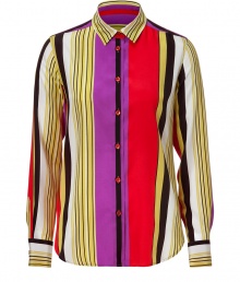 Inject bold style to your workweek look with this vibrant striped top from Etro - Spread collar, front button placket, curved hem, all-over stripe print - Style with skinny jeans or wide leg trousers, an oversized cardigan, and platform heels