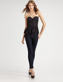 Ultra-glam body-con sheath, shaped with bustier seams for a sexy, feminine fit.StraplessSweetheart necklineBodice seamsPeplumShirred back with center zipperAbout 8 from natural waistSilkDry cleanImported Ultra-glam body-con sheath, shaped with bustier seams for a sexy, feminine fit.StraplessSweetheart necklineBodice seamsPeplumShirred back with center zipperAbout 8 from natural waistSilkDry cleanImported